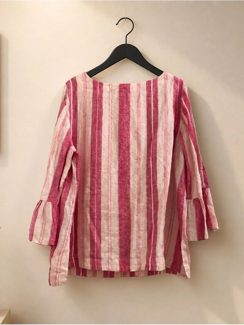 Charter Club Linen Women’s Pink & White Striped Ruffle Sleeve Top